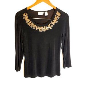 Chico's Travelers 3/4 sleeve black metal charm accented blouse